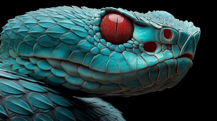 Intricate close-up showcasing the scales of a turquoise serpent, its texture highlighted against a dark background, the red eye adds a striking contrast enhancing its visual intensity and exotic mood