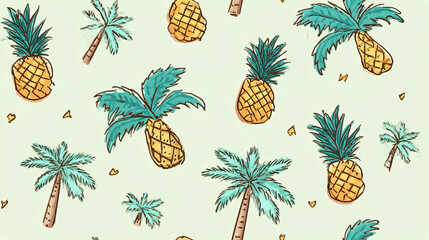 Obraz premium Tropical Pattern with Pineapples and Palm Trees, Summer Vacation Theme, Hand Drawn Style