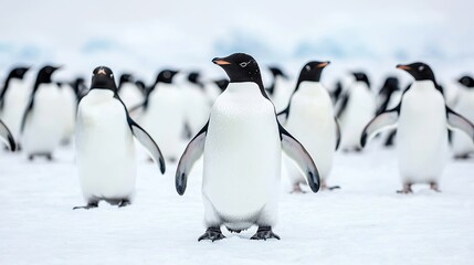 Obraz premium Penguin colony huddled together in Antarctic ice, cold, resilient, vast white landscape