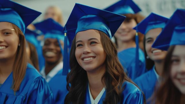 Young woman with a proud smile wearing a blue graduation cap and gown on the stage, surrounded by her classmates during a graduation ceremony.