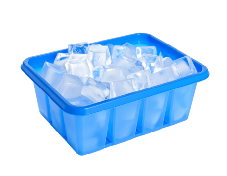A pile of clear blue ice pack cubes, used for cooling or medical therapy, isolated on white.