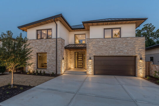 Modern luxury home with stone facade and garage at dusk