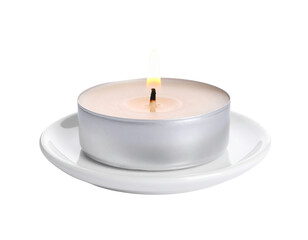 A small, unlit tea light candle in a metal cup, perfect for warm ambiance, isolated on white.