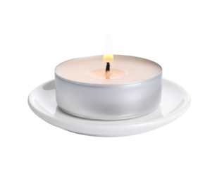 A small, unlit tea light candle in a metal cup, perfect for warm ambiance, isolated on white.