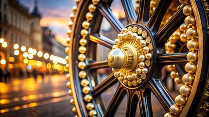 Closeup of an ornate golden wheel on a street with blurred city lights at dusk