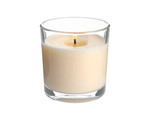 A small, unlit white votive candle in a clear glass holder, ideal for warm ambiance, isolated on white.