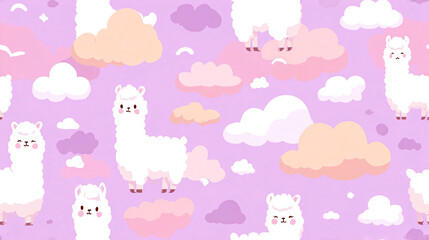 Obraz premium Cute Llama and Cloud Seamless Pattern, Pastel Colors, Whimsical Design, Children's Illustration, Background