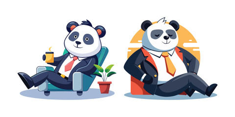 Corporate Business Panda Boss Relaxing After Workday Vector – Calm, Professional Animal Character for Office Humor, Leadership, Stress Relief, and Corporate Branding Designs