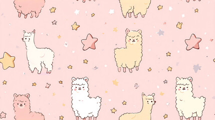 Cute Llama and Star Seamless Pattern on Pink Background, Cartoon Alpaca Animal Illustration for Kids