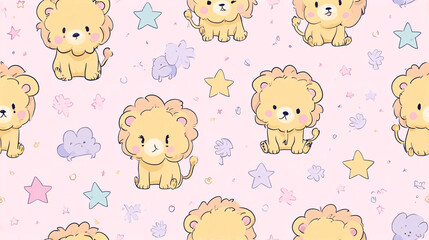 Cute Lion Cub Cartoon Seamless Pattern with Stars and Clouds on a Pink Background