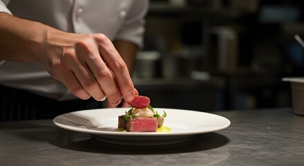 Culinary Precision Chef Garnishing a Gourmet Dish with Artistic Flair
