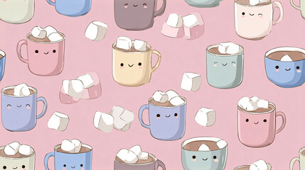 Cute Kawaii Hot Chocolate Mugs with Marshmallows Seamless Pattern on Pink Background, Winter Holiday Theme