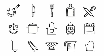 Kitchen Utensils Cooking Tools Line Art Icons Set Collection