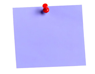Purple sticky post-it note with red pushpin isolated on transparent background.