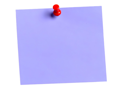 Purple sticky post-it note with red pushpin isolated on transparent background.