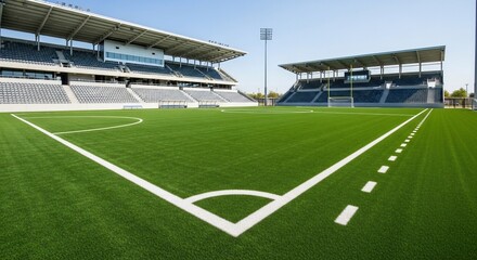 Obraz premium A wide-angle view of a modern soccer stadium with a pristine, green field, and empty seating.