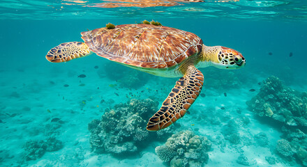Obraz premium A close-up of a sea turtle swimming gracefully over a coral reef in tropical turquoise waters