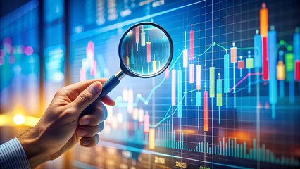 A hand holds a magnifying glass over a digital screen showing financial charts emphasizing data analysis and detailed examination