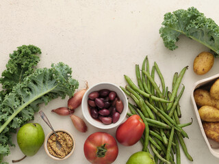 Fresh local produce from the market. Top view various ingredients for cooking healthy vegetarian meal