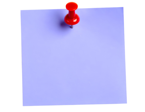 Purple sticky post-it note with red pushpin isolated on transparent background.
