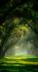 Fototapeta premium Enchanting forest path bathed in golden sunlight and mist