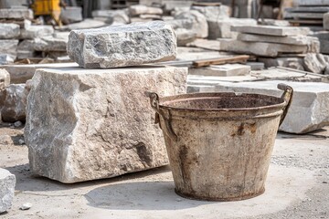 Fototapeta premium Rustic metal bucket and large stone blocks in outdoor construction site