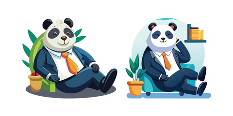 Corporate Business Panda Boss Relaxing After Workday Vector – Calm, Professional Animal Character for Office Humor, Leadership, Stress Relief, and Corporate Branding Designs