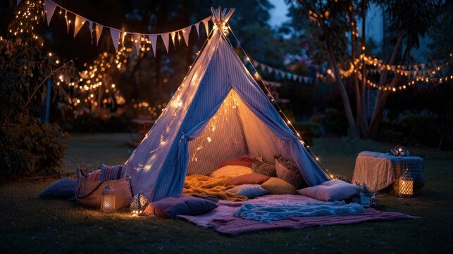Cozy teepee in garden at twilight