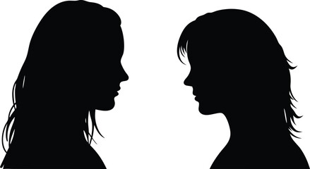 Two women silhouetted facing each other profile views representing relationships connection communication and partnership simple vector design
