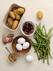Fresh local produce from the market. Top view various ingredients for cooking healthy vegetarian meal