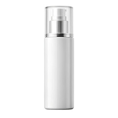 A sleek white cosmetic pump bottle with a clear cap and silver accents stands isolated on a clean transparent background