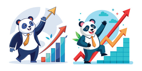 Corporate Business Panda Drawing Upward Growth Graph Vector – Success Concept, Finance Illustration, Business Motivation, Marketing, Analytics, Office Animal Character Design