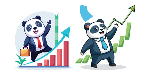 Corporate Business Panda Drawing Upward Growth Graph Vector – Success Concept, Finance Illustration, Business Motivation, Marketing, Analytics, Office Animal Character Design