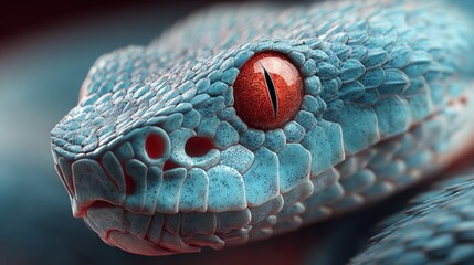 A captivating macro photograph showcases the striking visage of a cyan-colored snake, its scales meticulously detailed and leading the viewer to its mesmerizing, intense red eye, creating a visual