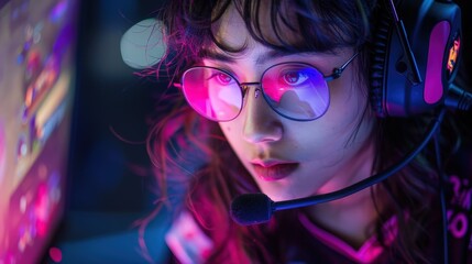 An intense close-up of a young female esports player. Her focused eyes are visible through stylish glasses that reflect the vibrant glow of game interfaces and data, set against a neon pink and blue b