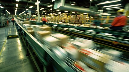 A busy mail sorting facility with packages moving rapidly on conveyor belts. The motion blur conveys speed and efficiency in a high-volume logistics and distribution center