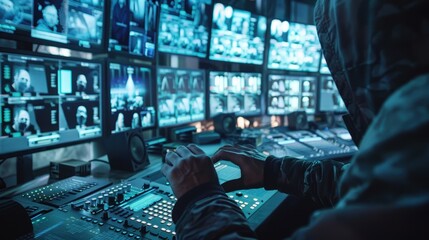 An anonymous figure in a hoodie sits in a dark TV studio or surveillance control room. They operate a large mixing console, surrounded by a wall of screens displaying multiple video feeds and data