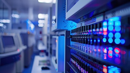 Fototapeta premium A sterile, high-tech forensic DNA laboratory. Racks of test tubes and advanced analytical equipment are illuminated by cool blue and purple cinematic lighting, emphasizing precision and scientific res