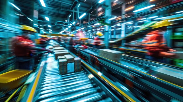 A busy mail sorting facility with packages moving rapidly on conveyor belts. The motion blur conveys speed and efficiency in a high-volume logistics and distribution center