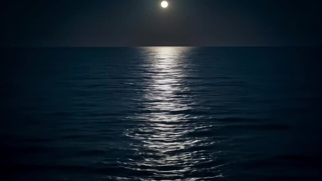Serene moonlit ocean view at night with shimmering water reflecting the moonlight and calm waves