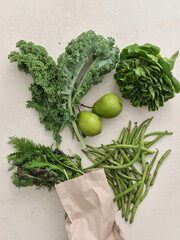 Fresh local produce from the market. Top view various ingredients for cooking healthy vegetarian meal