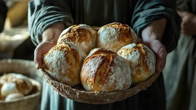 A baker in a rustic setting displaying his handmade artisanal bread rolls