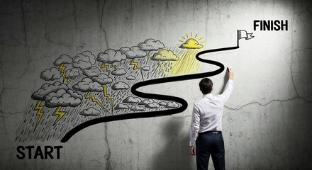 Businessman drawing path from storm to sunshine toward finish goal concept on wall.
