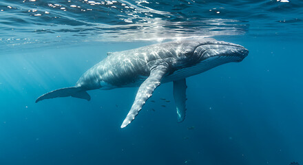 Obraz premium A giant blue whale gliding through the deep blue sea with sun rays filtering from above.