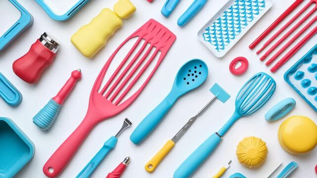 Colorful Kitchen Utensils and Tools Arrangement on White Background
