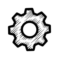 Gear icon in hand-drawn sketch style, isolated on transparent or white background. Vector illustration.