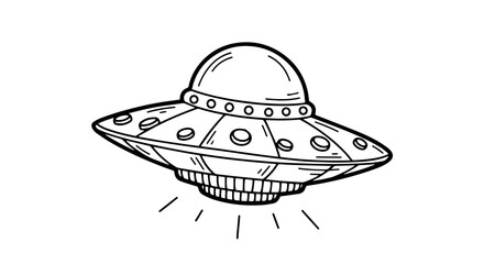 UFO spaceship black outline isolated on transparent or white background, vector illustration.