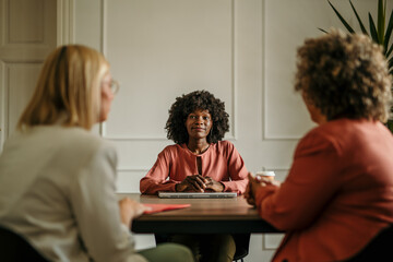 Confident black woman attending job interview with hr recruiters