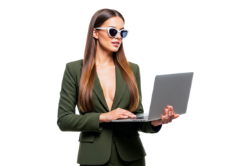 Potrait of beauty women in green with laptop on white
