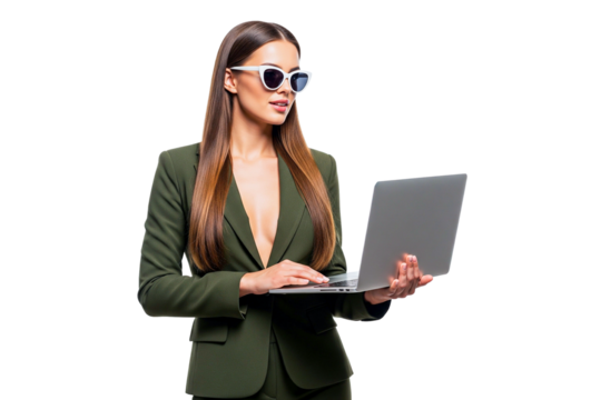 Potrait of beauty women in green with laptop on white